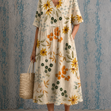 Beverley golden floral half sleeve dress, front view