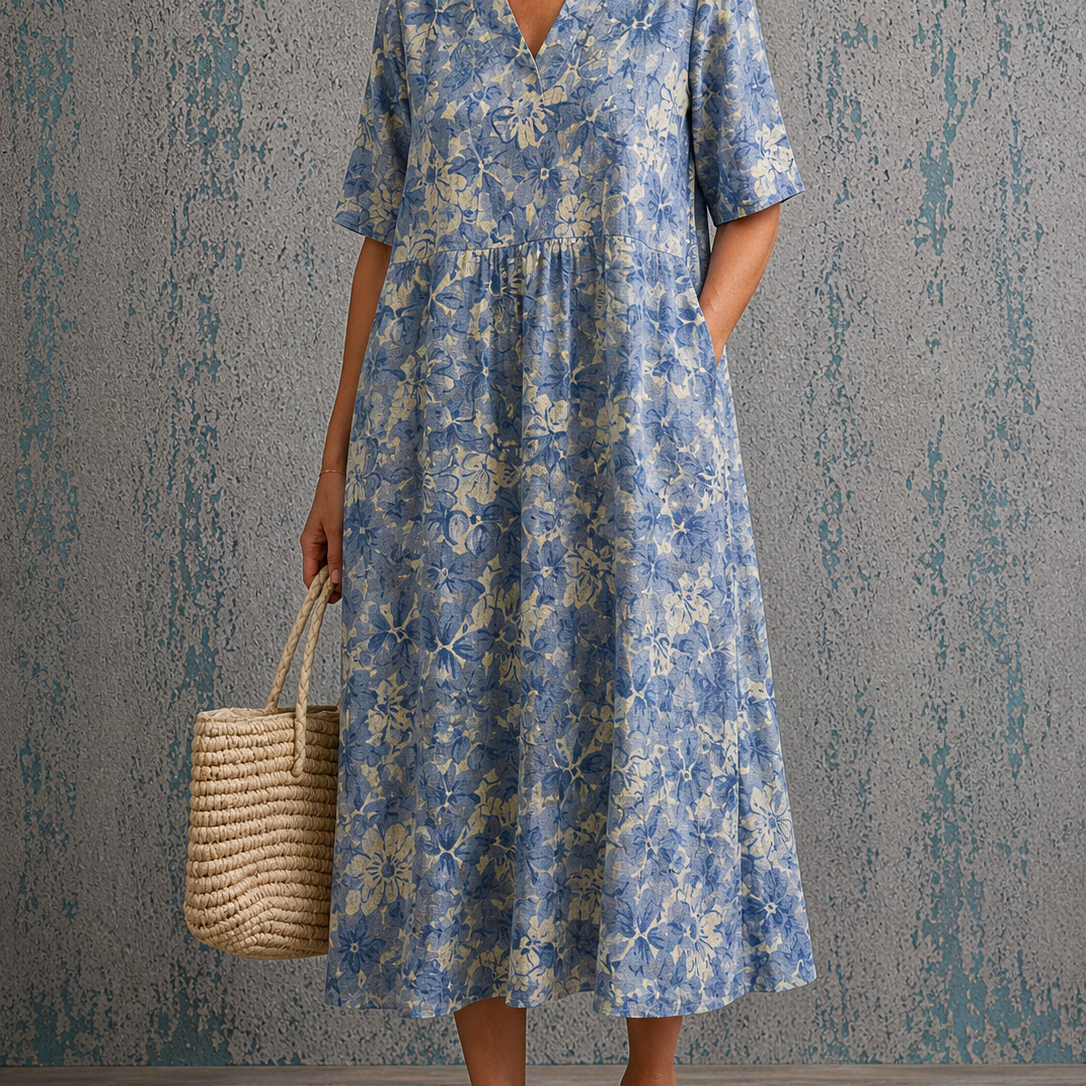 Joanne blue floral dress, front view
