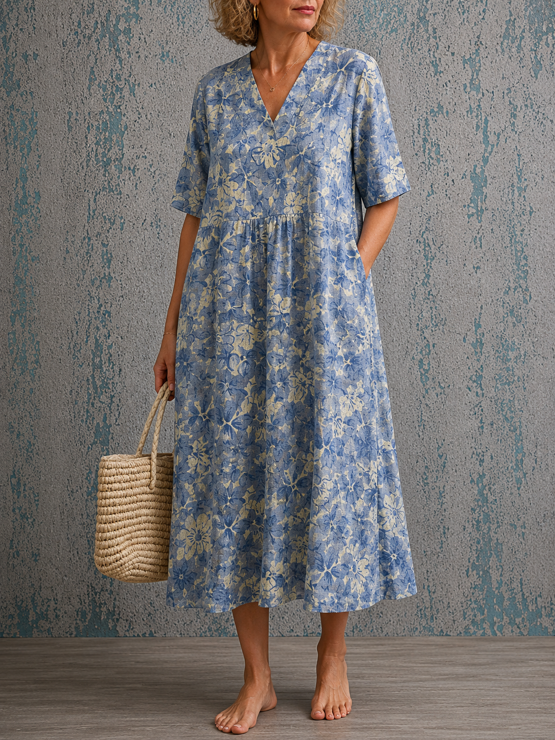 Joanne blue floral dress, front view