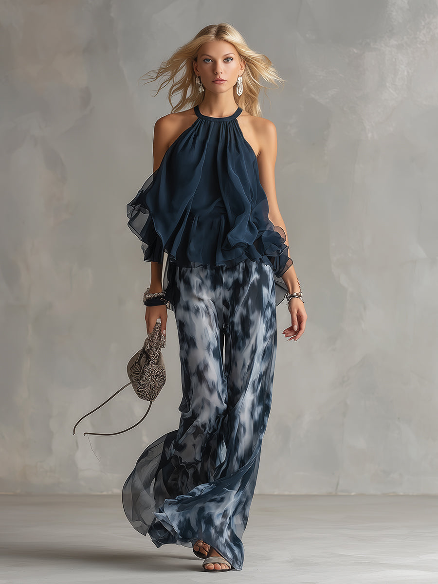 Ludovica navy high-neck top and printed trouser set, view 2