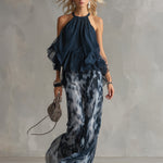 Ludovica navy high-neck top and printed trouser set, view 2
