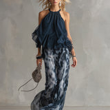 Ludovica navy high-neck top and printed trouser set, view 2