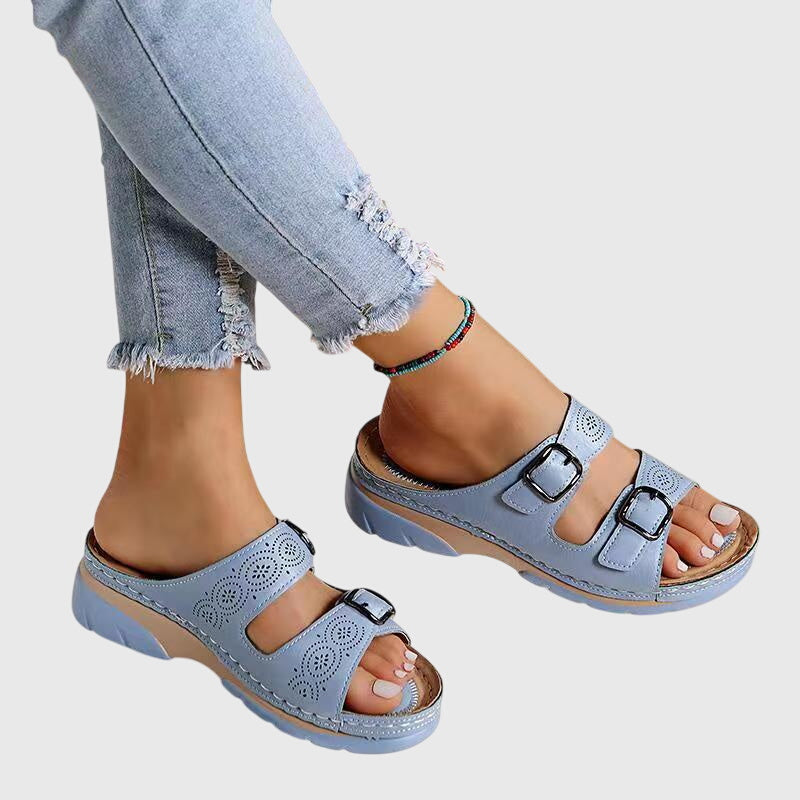 Diora Orthopaedic Leather Wedge Sandals in Light Blue, front view