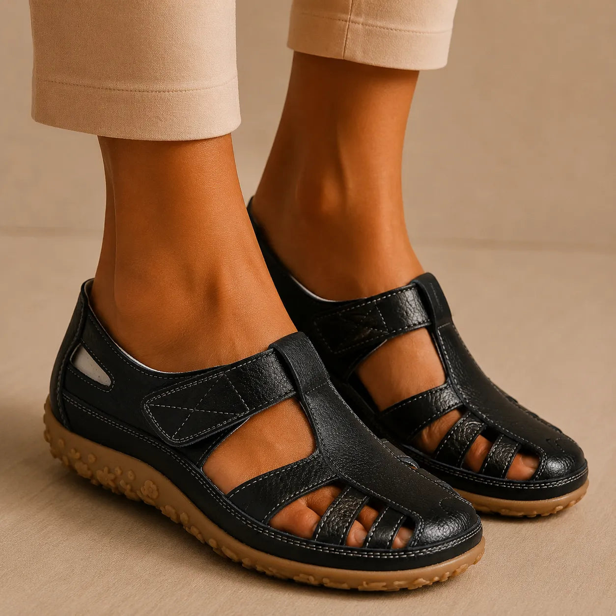 Bella Leather Cutwork Comfort Sandals in Black, view 2