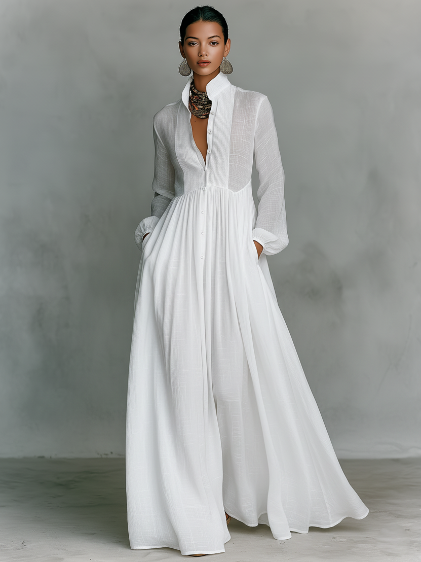 Patchwork linen maxi dress with stand collar, view 4