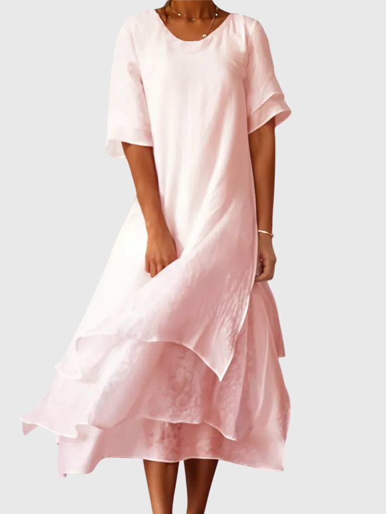 April elegant layered midi dress in Pink, front view