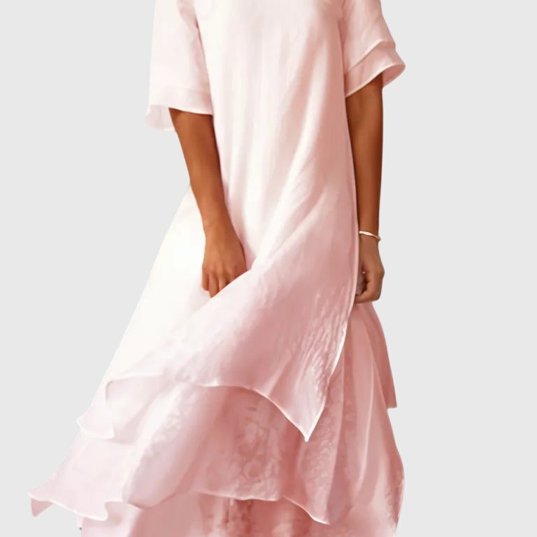 April elegant layered midi dress in Pink, front view