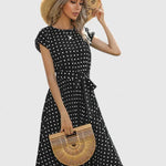 Allyzhea polka dot belted midi dress in Black, view 2