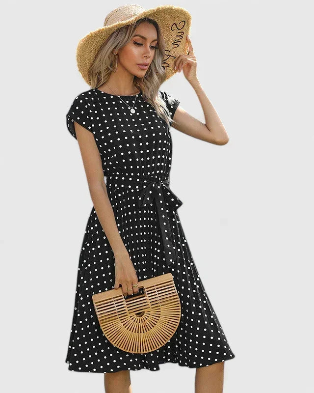 Allyzhea polka dot belted midi dress in Black, view 2