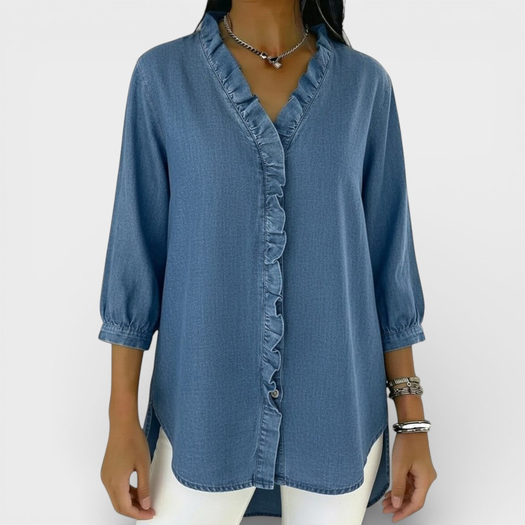 Heather ruffled blouse in Blue, front view