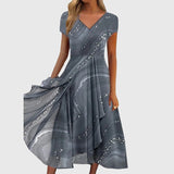 Aubrielle swirl print flowing midi dress in Grey, view 2