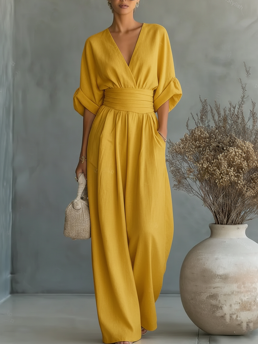 Maja V Neck High Waisted Jumpsuit in Yellow, view 5