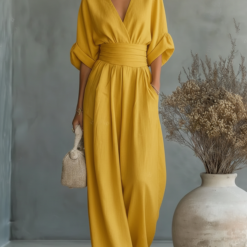 Maja V Neck High Waisted Jumpsuit in Yellow, view 5