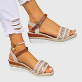Joselyn Beaded Boho Wedge Sandals in White/Brown, front view