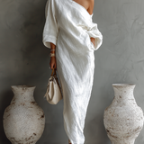 Off shoulder linen maxi dress, front view