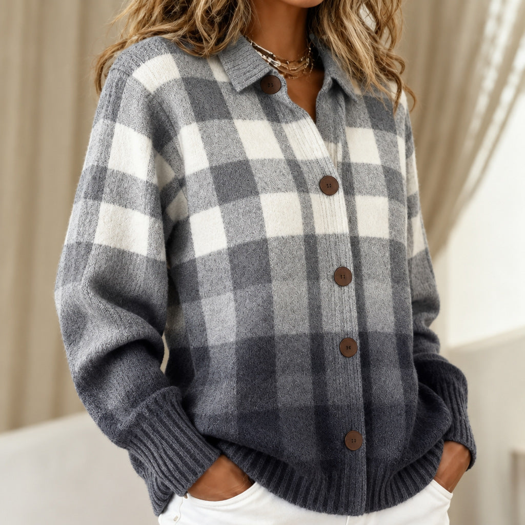 Agnes grey ombré check knitted jacket, view 2