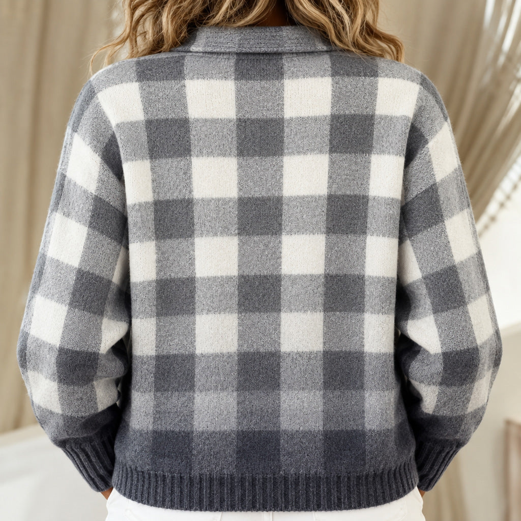 Agnes grey ombré check knitted jacket, view 3