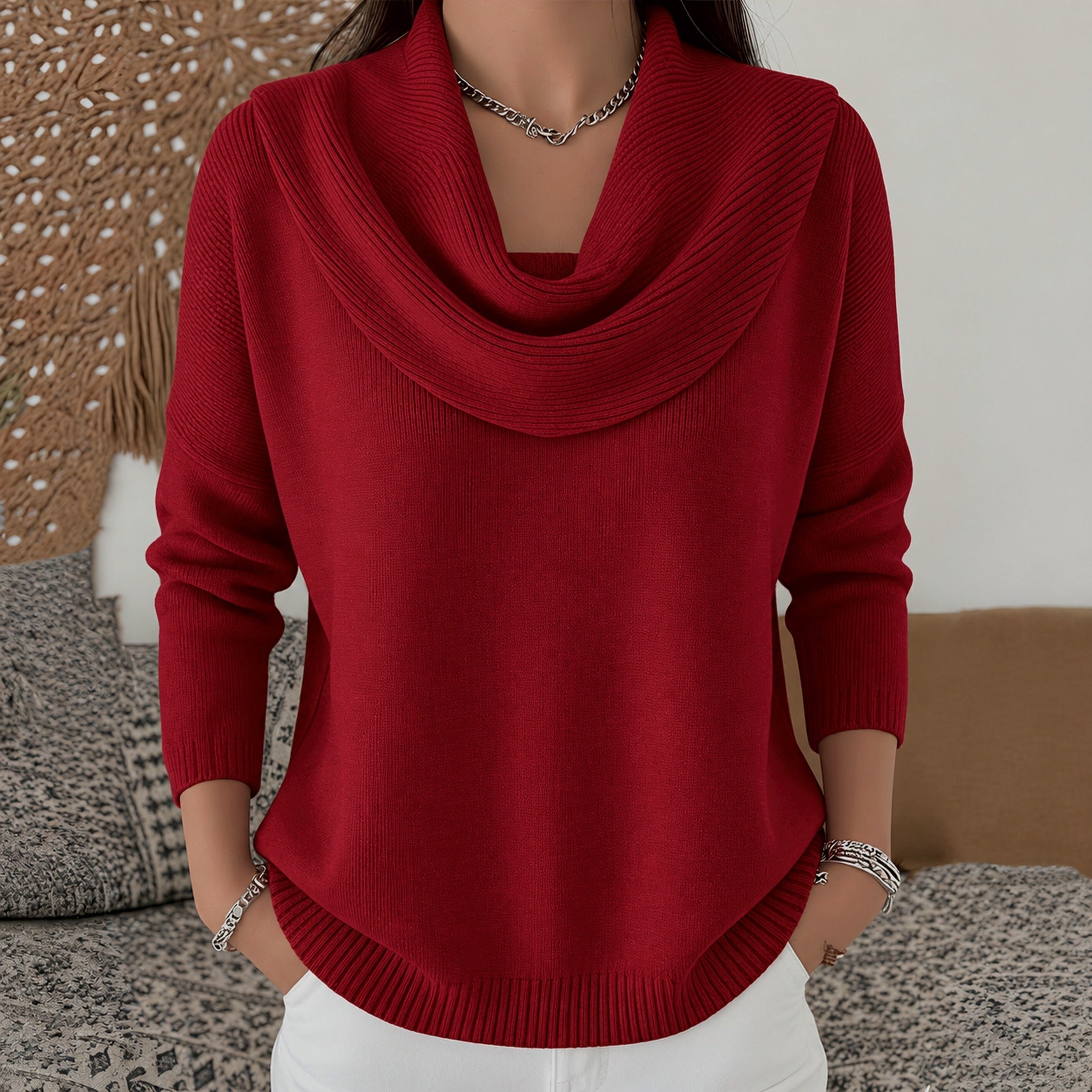 Angie cowl neck jumper in Red, front view