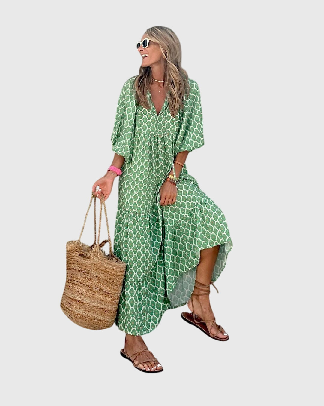 Sarah boho maxi dress in Green-White, view 5