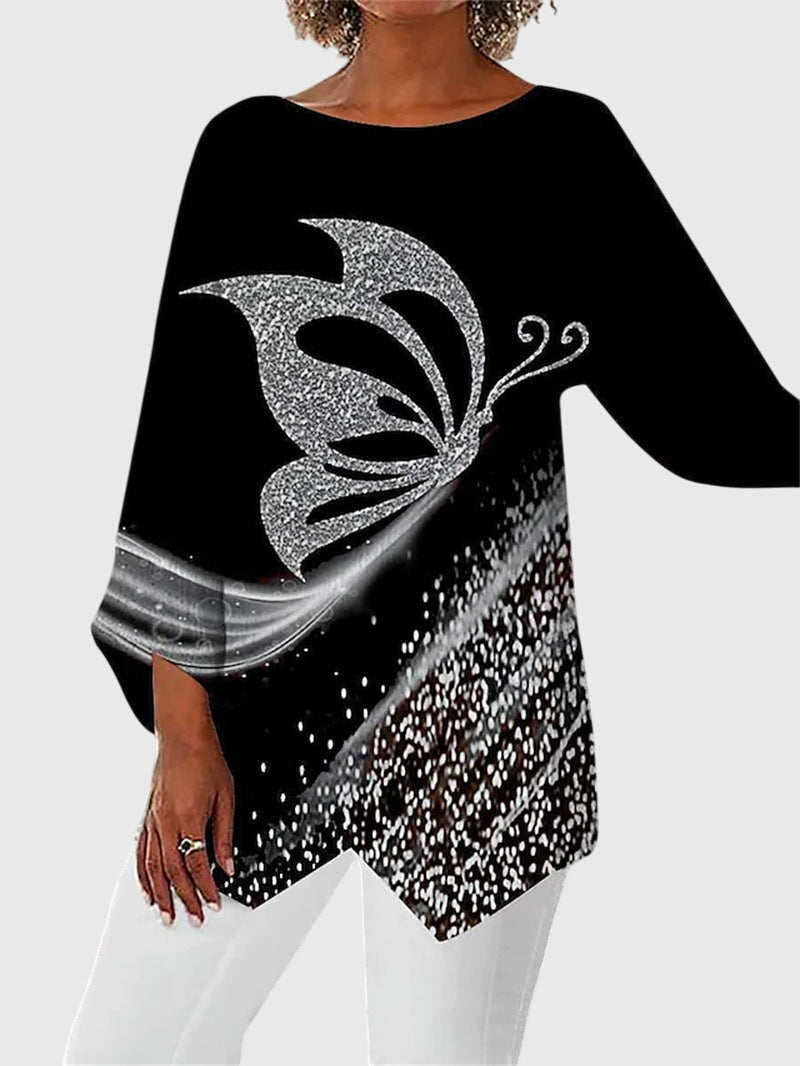 Alayah printed crew neck top in Black Silver Butterfly, front view