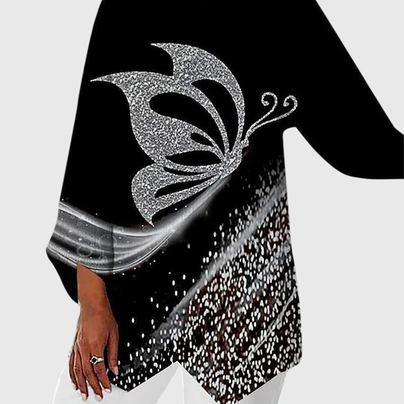 Alayah printed crew neck top in Black Silver Butterfly, front view