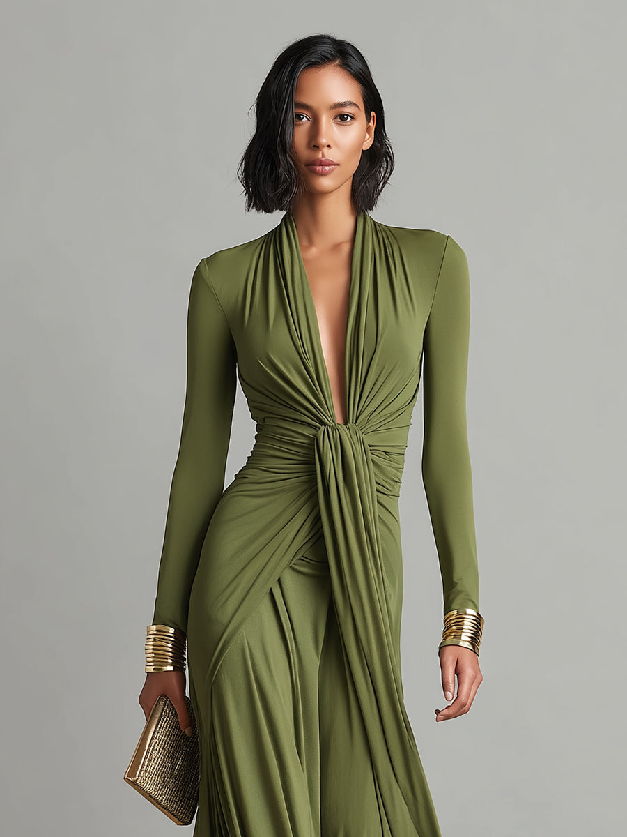 Olive green deep V neck maxi dress, view 2