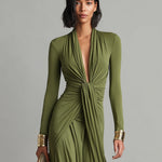 Olive green deep V neck maxi dress, view 2