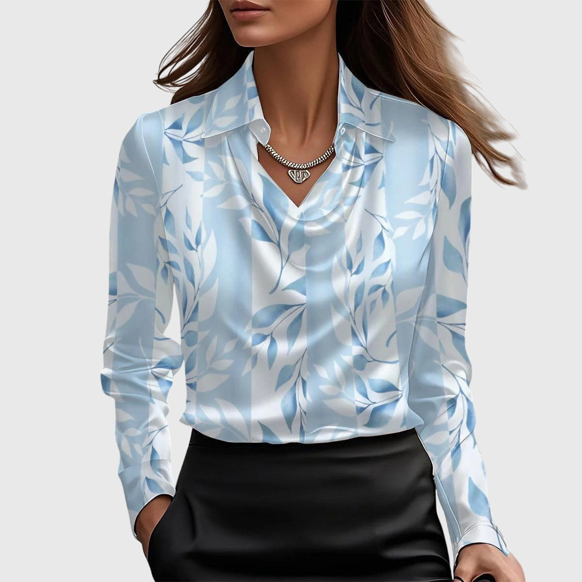 Brooklyn elegant satin cowl neck blouse in Light Blue Floral, view 5