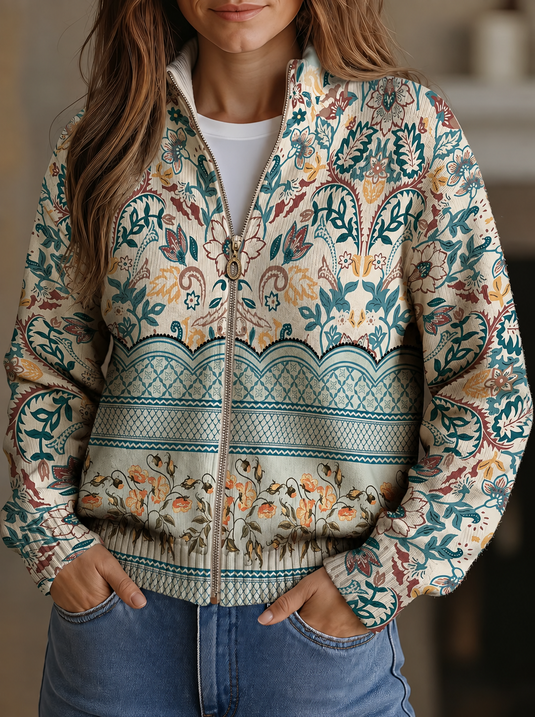 Olivia botanical border print zip-up cardigan, front view