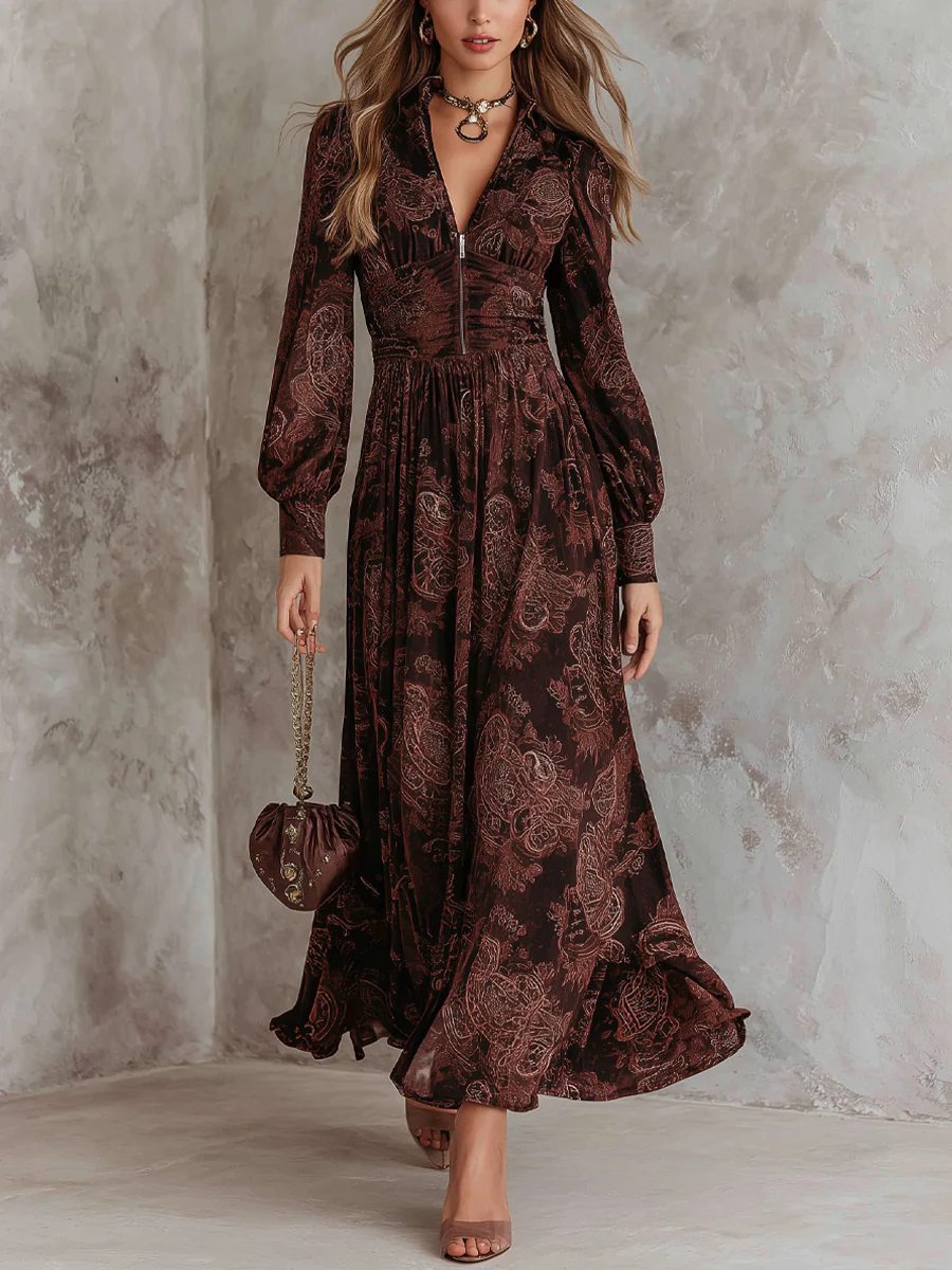 Marlene paisley zip neck midi dress, front view