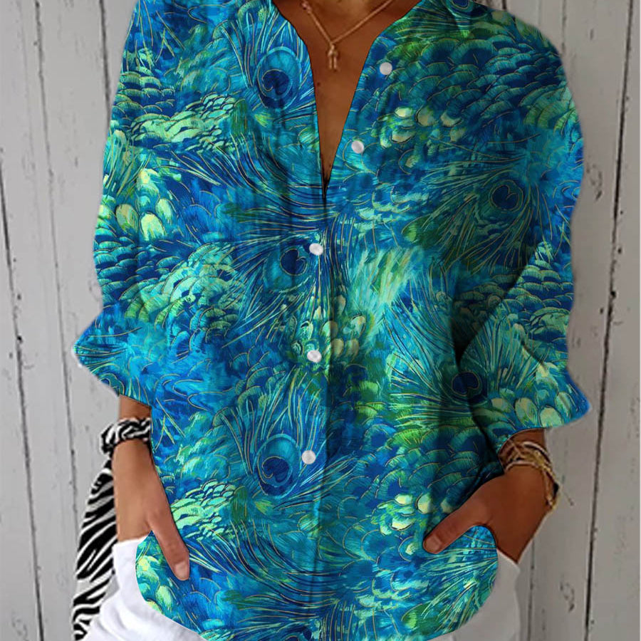 Florina peacock feather print blouse in Multicolour, front view