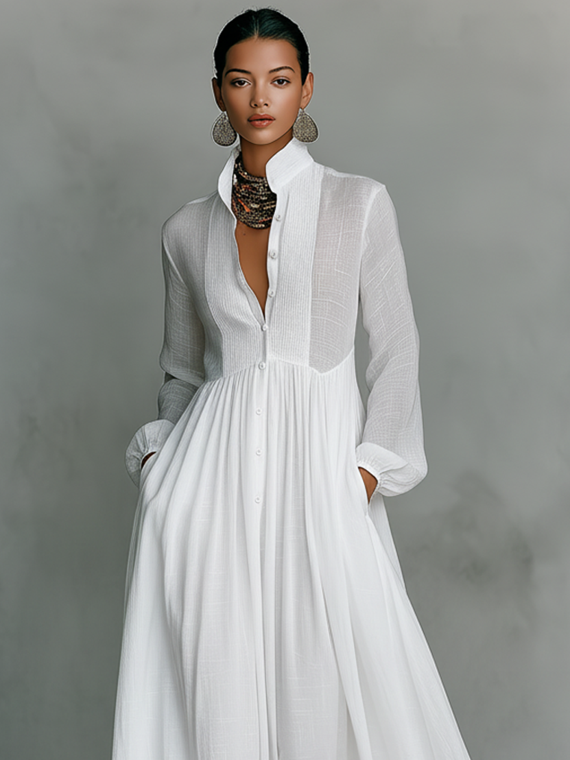 Patchwork linen maxi dress with stand collar, view 2