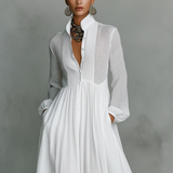 Patchwork linen maxi dress with stand collar, view 2