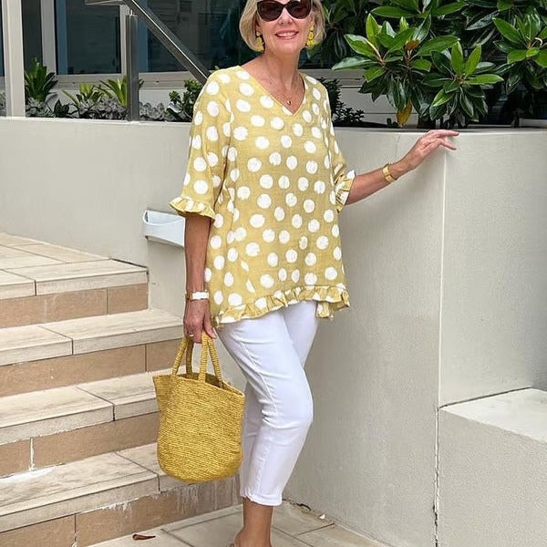 Denise polka dot V-neck ruffle blouse in Lemon Yellow, front view