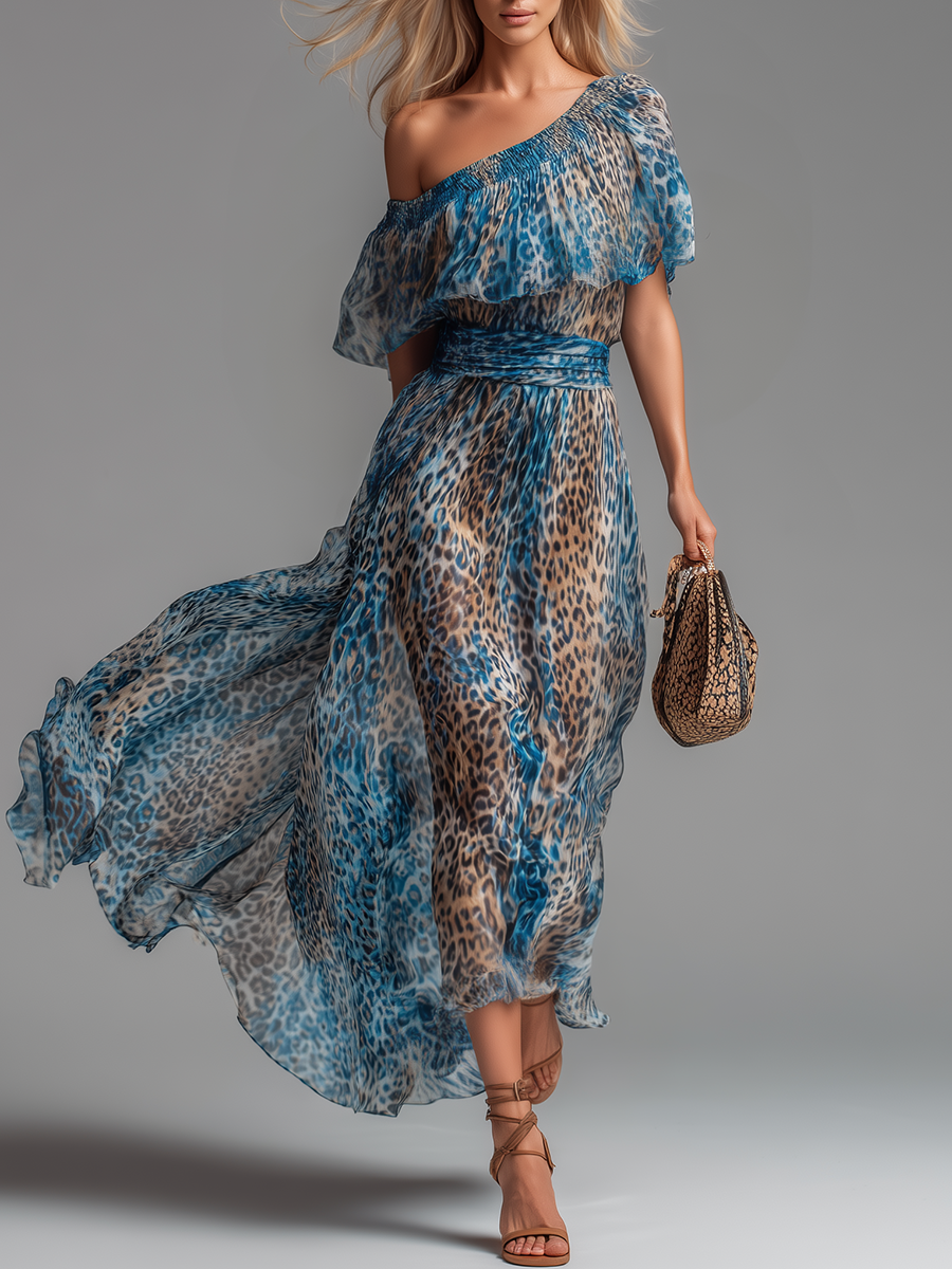 Selvaggia leopard print off shoulder maxi dress in Blue, front view