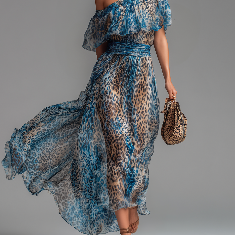 Selvaggia leopard print off shoulder maxi dress in Blue, front view