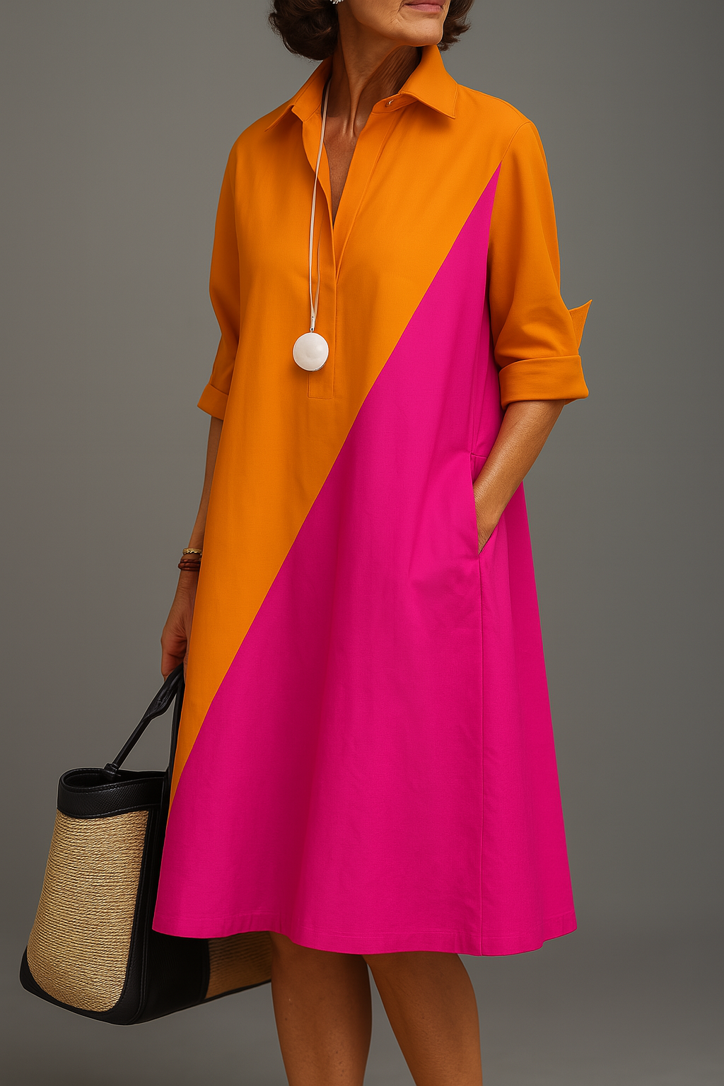 Kayla colour block midi dress in Orange/Pink, front view
