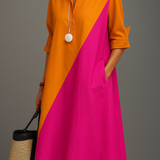 Kayla colour block midi dress in Orange/Pink, front view