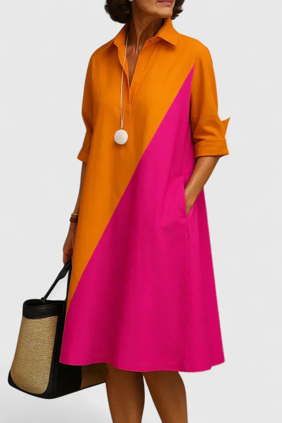 Auryzzella colour block midi dress in Orange Pink, front view
