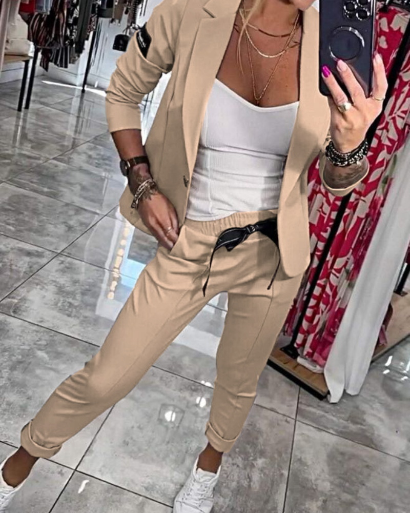 Malou jacket and trouser two-piece set in Khaki, front view