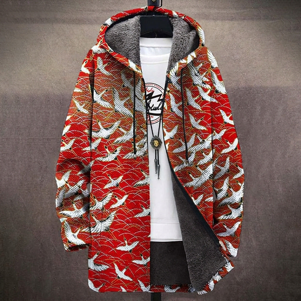 Beryl - White Cranes on Red Jacket, front view