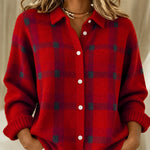 Brittany red checked knitted jacket, front view