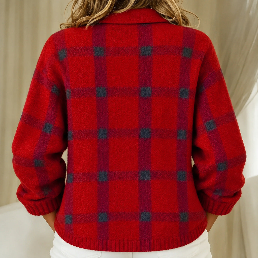 Brittany red checked knitted jacket, view 3