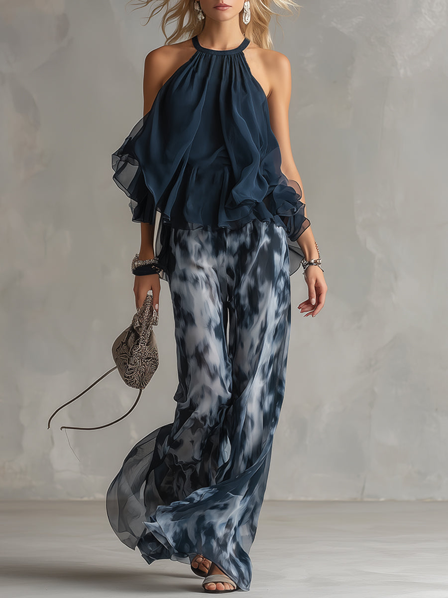 Ludovica navy high-neck top and printed trouser set in Navy Blue, front view
