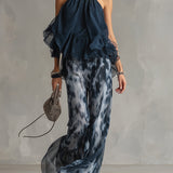 Ludovica navy high-neck top and printed trouser set in Navy Blue, front view