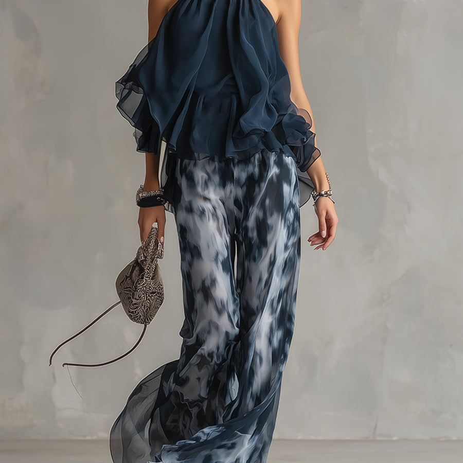 Ludovica navy high-neck top and printed trouser set in Navy Blue, front view