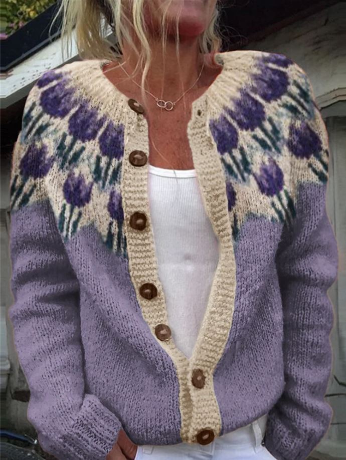 Keira tulip yoke knitted cardigan in Purple, view 3