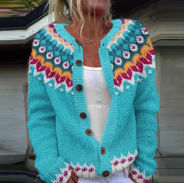 Olivia turquoise Fair Isle knitted cardigan in LIght Blue, view 2
