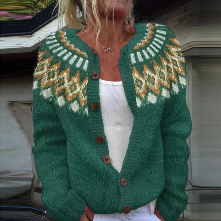 Olivia turquoise Fair Isle knitted cardigan in Green, view 3