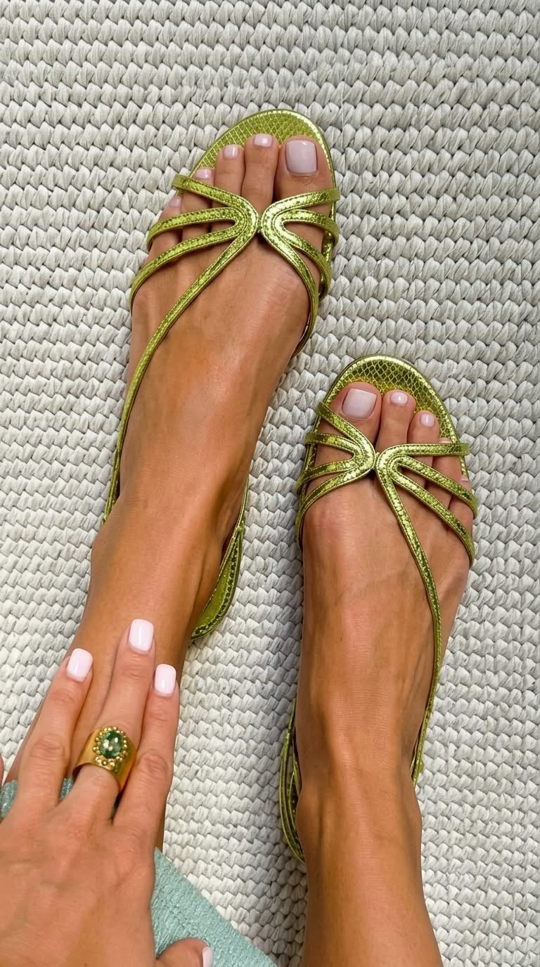 Fabienne Gold Knot Flat Sandals in Green, view 6
